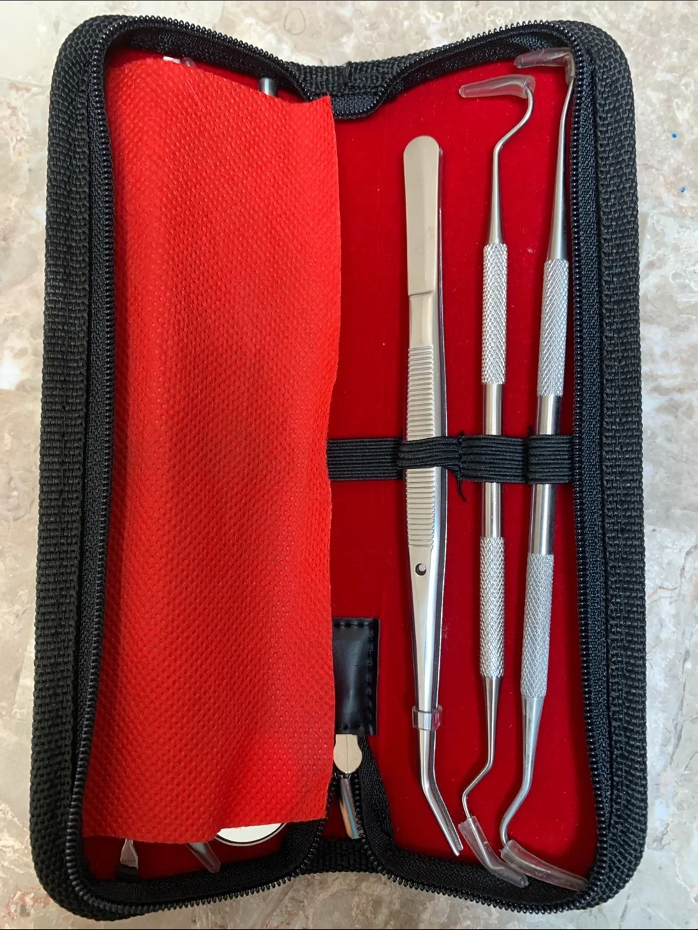 Dental Stainless Steel Tool Set for Teeth Cleaning in Red Roll Case. Pre-Owned.